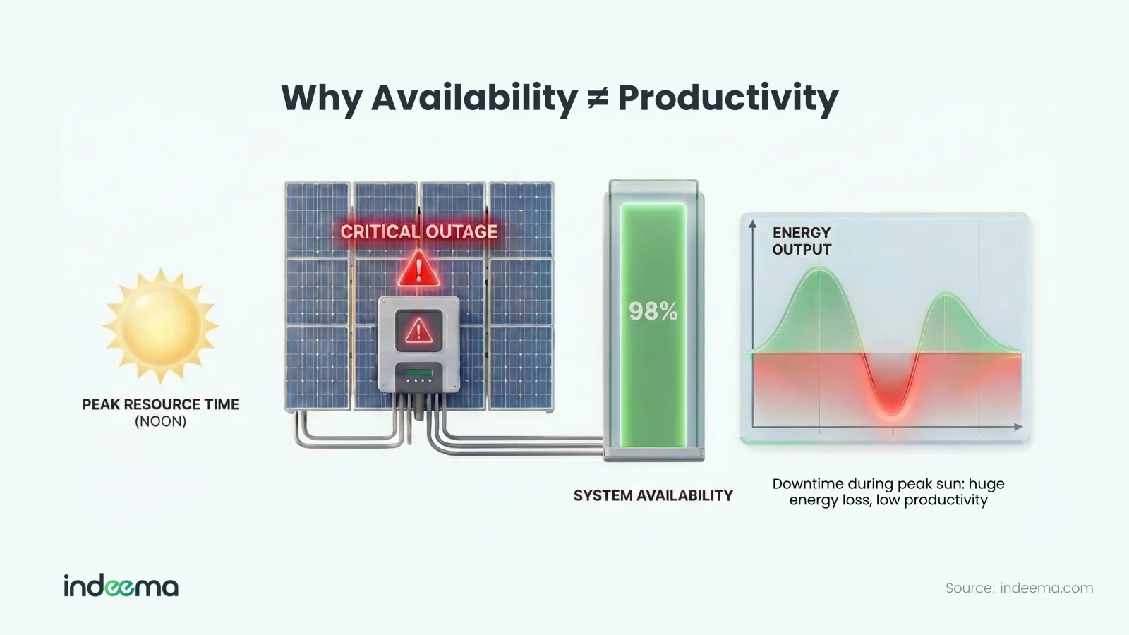 Solar array with an inverter outage warning at noon, a 98% availability gauge and an energy output curve that dips sharply at midday
