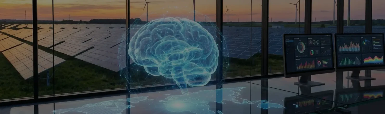 A solar farm at dusk seen through a control-room window, with monitoring screens and a holographic brain