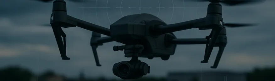 A quadcopter drone in flight against a dark sky, camera gimbal facing forward