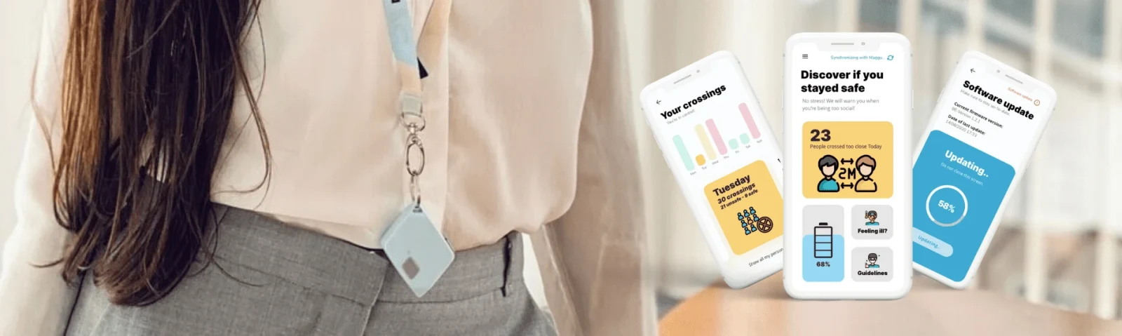 A person wearing a small proximity tag on a lanyard, next to three phone screens showing contact history, a daily contact counter with battery level, and a firmware update