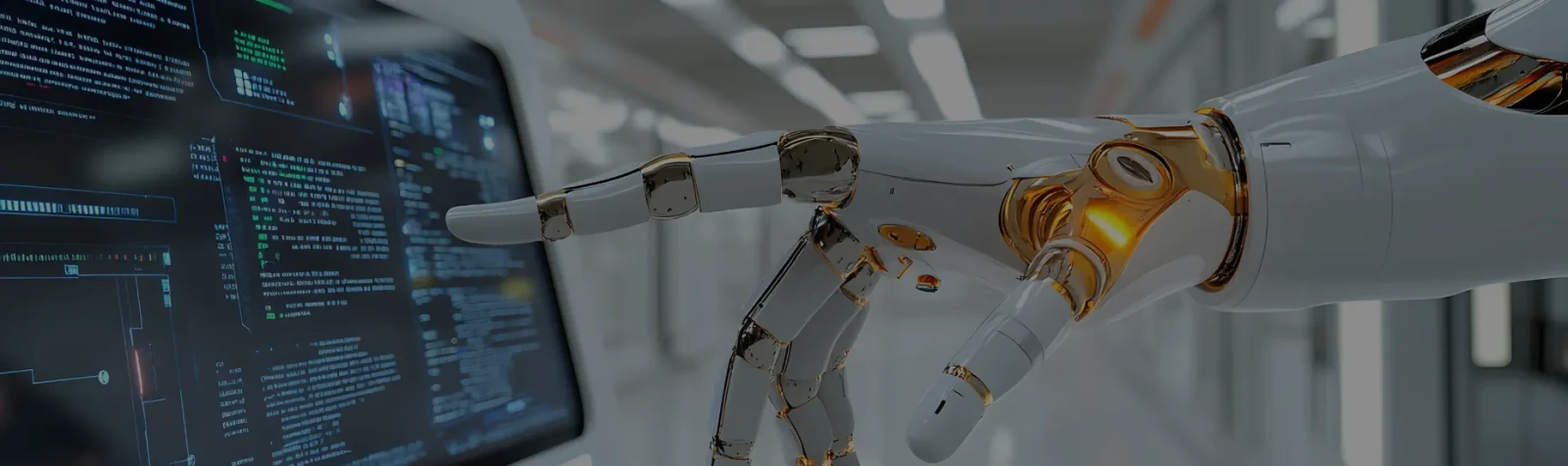 A robotic hand reaching towards a screen of code