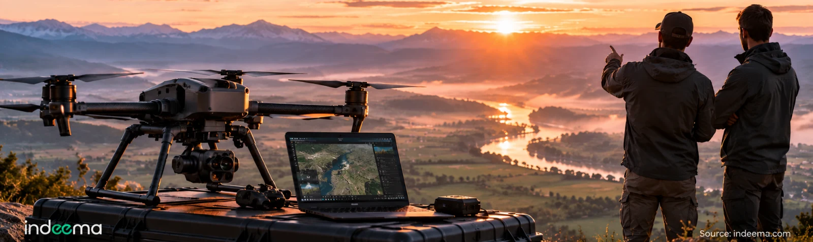 Two people in jackets standing on a hilltop beside a survey drone and a laptop on a hard case, looking out over a misty river valley at sunrise