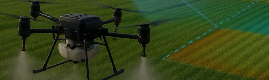 An agricultural spraying drone flying low over a crop field with a coloured field-map overlay