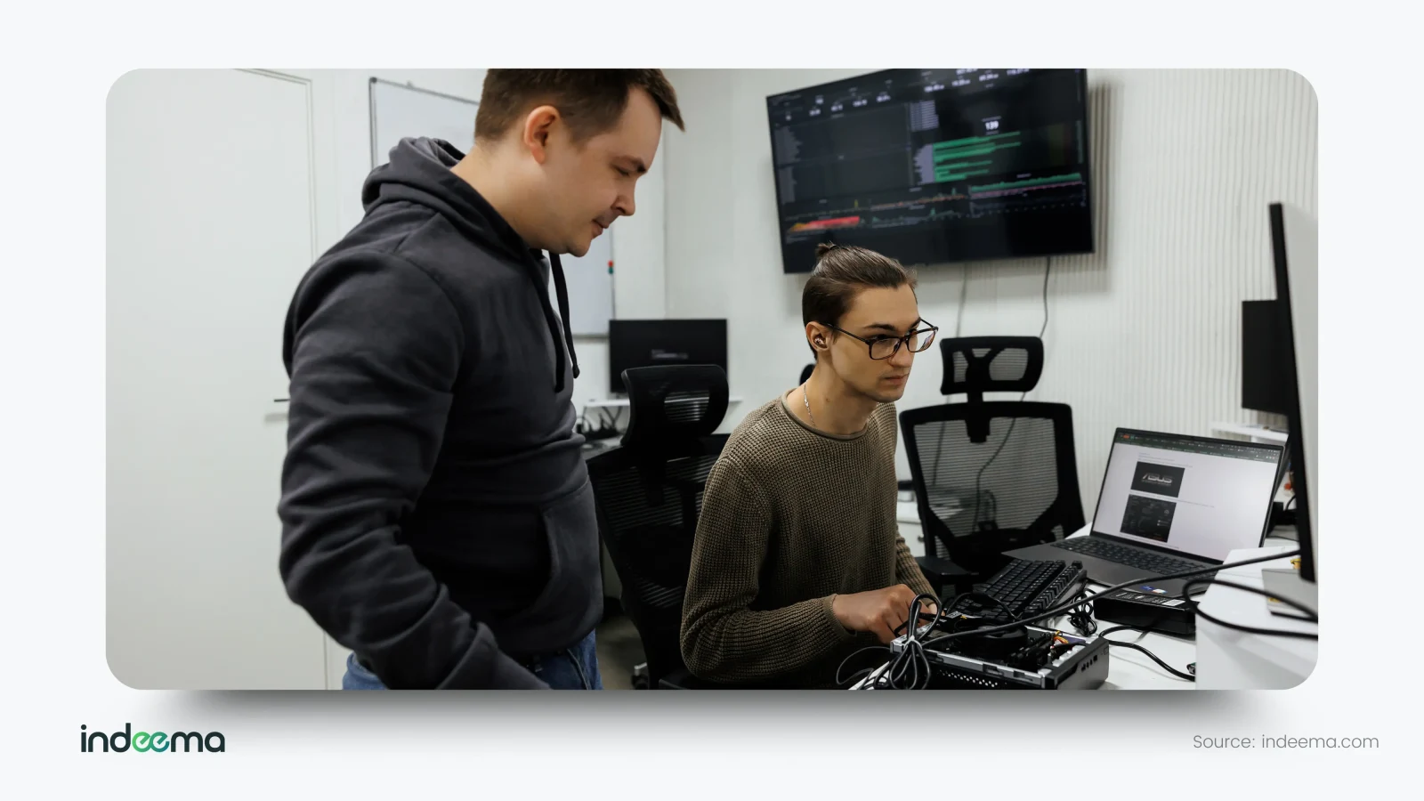 Two engineers at a desk working with test hardware connected to a laptop, with a monitoring screen on the wall