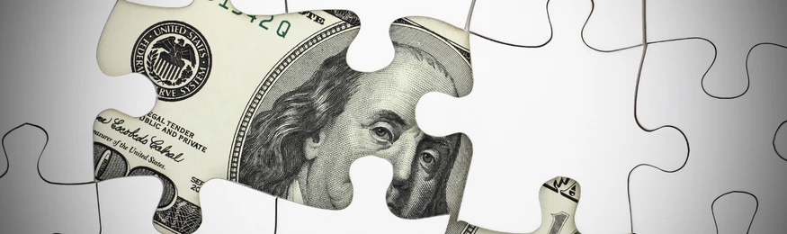 A jigsaw puzzle with one piece cut from a dollar banknote