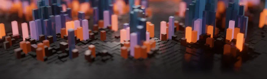 Abstract 3D field of orange and violet bars rising from a dark surface