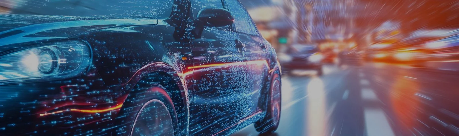 A car traced with glowing data lines against a blurred street at night