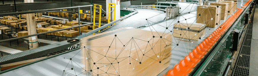 Parcels on a warehouse conveyor with a network-graph overlay