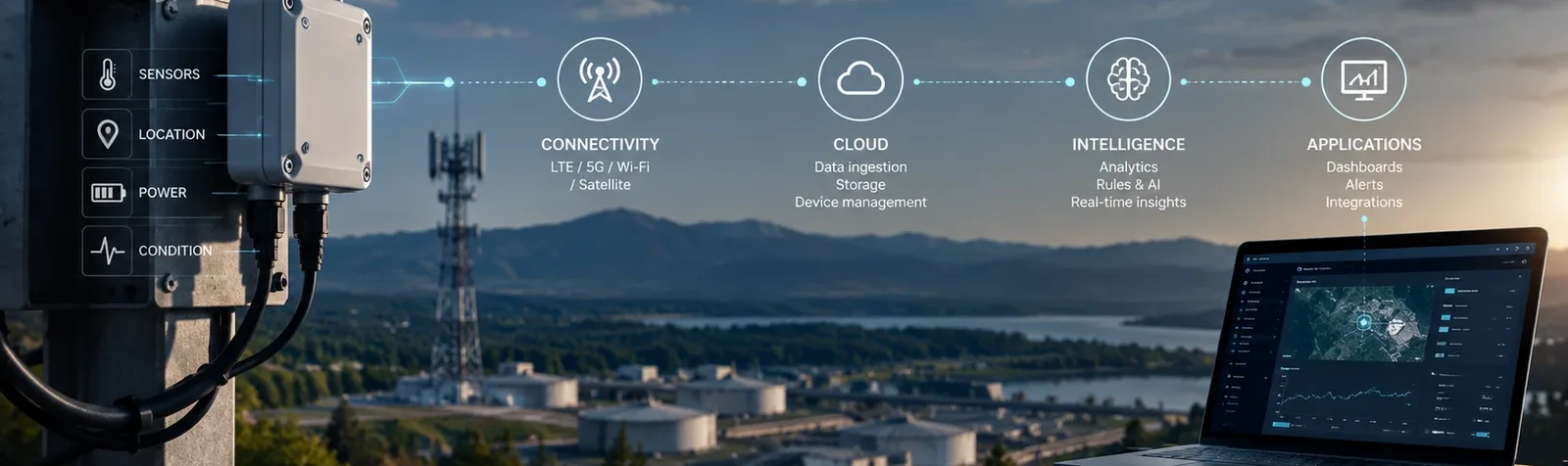 A sensor enclosure on a telecom mast linked by a data line to connectivity, cloud, intelligence and application stages, above an industrial site with a laptop dashboard