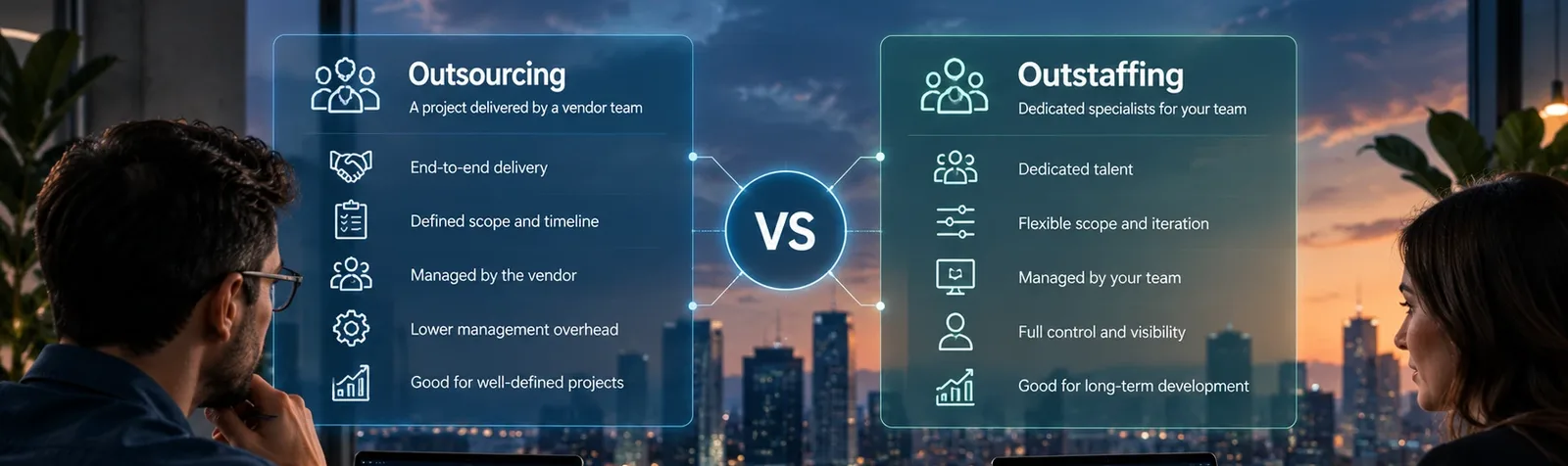 Two people at a table compare outsourcing and outstaffing on side-by-side panels covering delivery, scope, management, control and fit