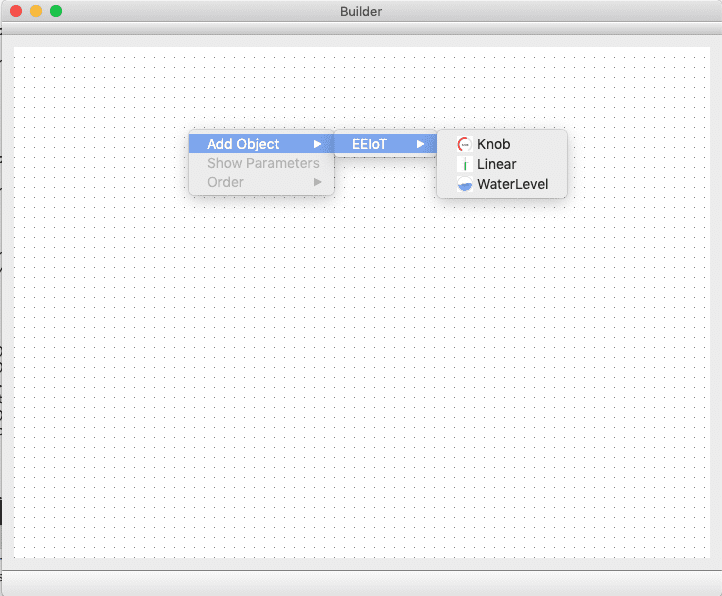 Builder window with a dotted editing grid and a context menu adding an EEIoT widget: Knob, Linear or WaterLevel