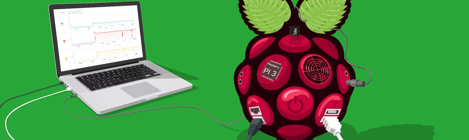 A laptop showing sensor graphs is cabled to a Raspberry Pi board drawn as a raspberry