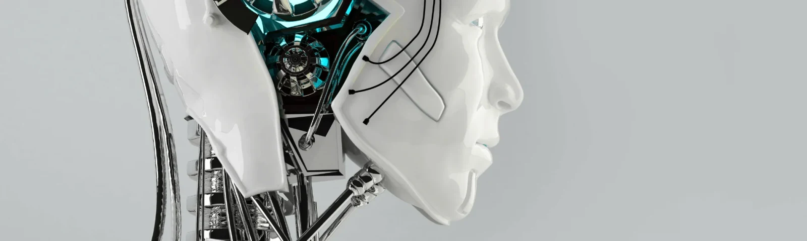 A humanoid robot head with its side open, showing internal components