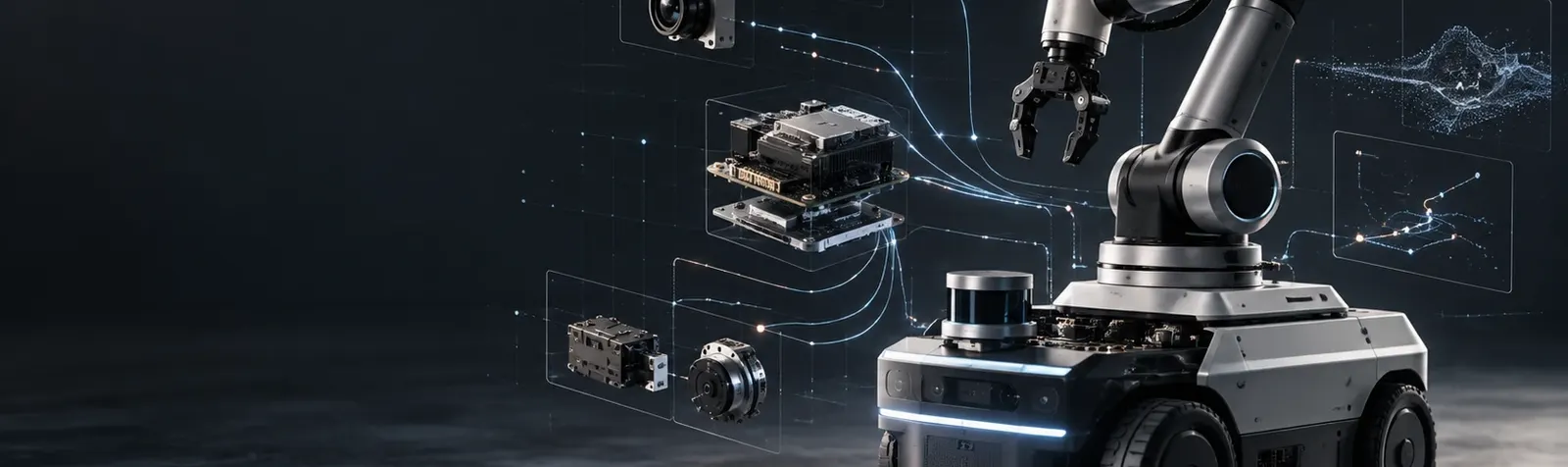 A wheeled mobile robot with a robotic arm, its camera, lidar, compute board and motors shown as exploded components linked by data lines