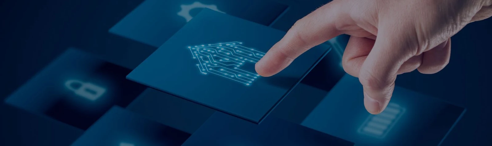 A finger touching a glowing smart-home control panel with house and lock icons