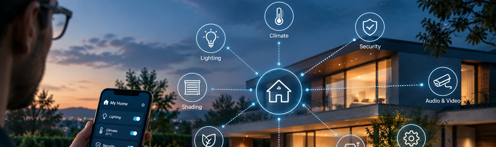 A homeowner holds a smart-home app while lighting, climate, shading, security and audio controls link to a central hub over a modern house at dusk