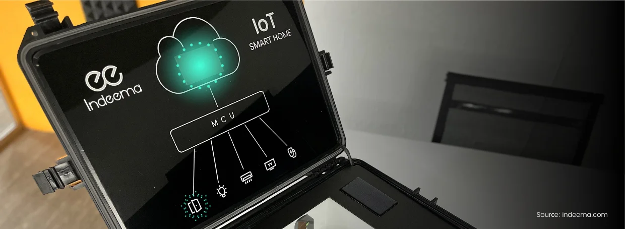 Lid of the demo case with a lit panel showing a cloud, an MCU bar and lines to door, light, air conditioner, TV and charger icons