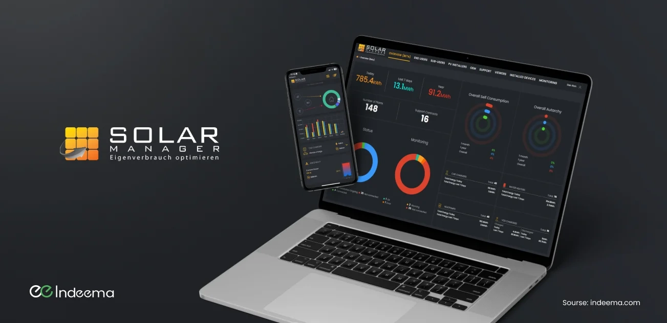 Solar Manager overview on a laptop with tabs for end users, sub-users, PV installers, OEM and installed devices, next to the mobile app