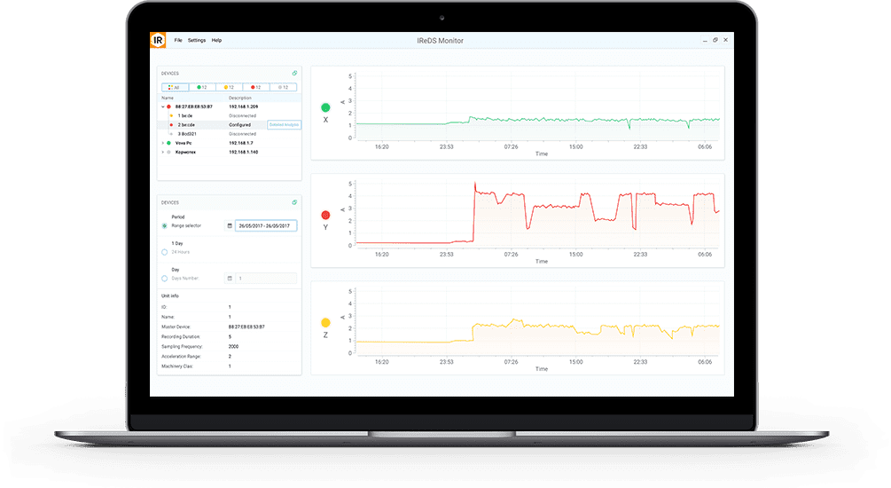 A laptop showing a desktop monitoring app with a device list and three X, Y and Z vibration charts over time
