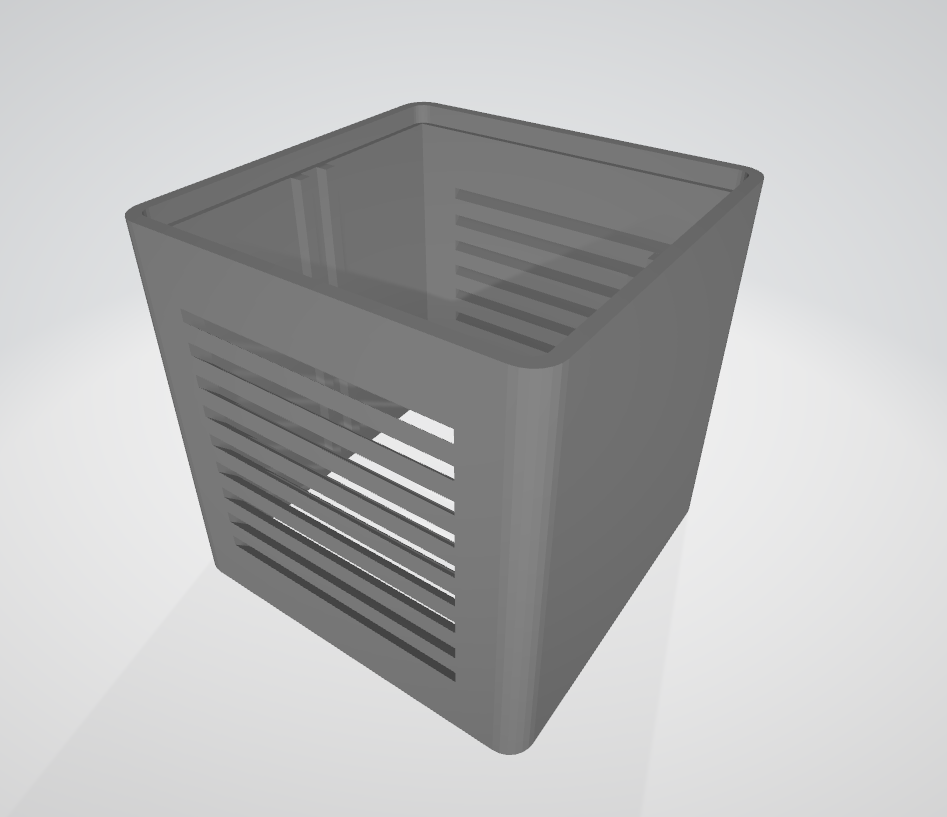 A grey 3D model of a square enclosure with horizontal vent slots on two sides