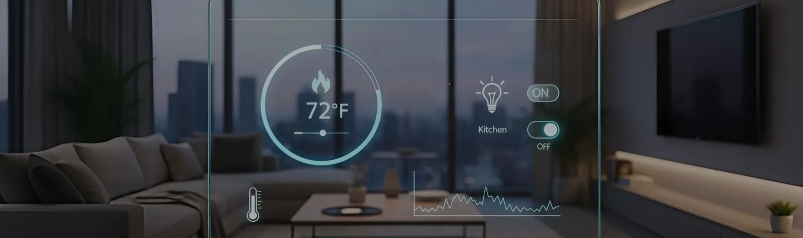A dim living room with translucent thermostat and lighting controls overlaid on the window