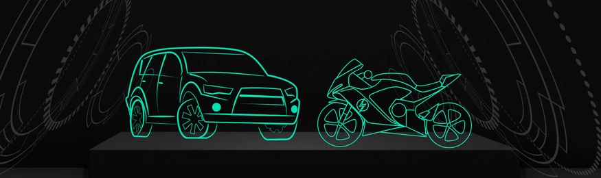 Wireframe outlines of a car and a motorcycle drawn in green light