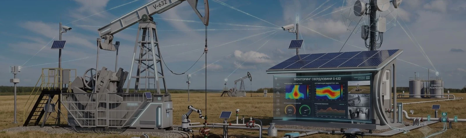 Oil pumpjacks and a solar-powered monitoring cabinet, with a heat-map dashboard overlaid