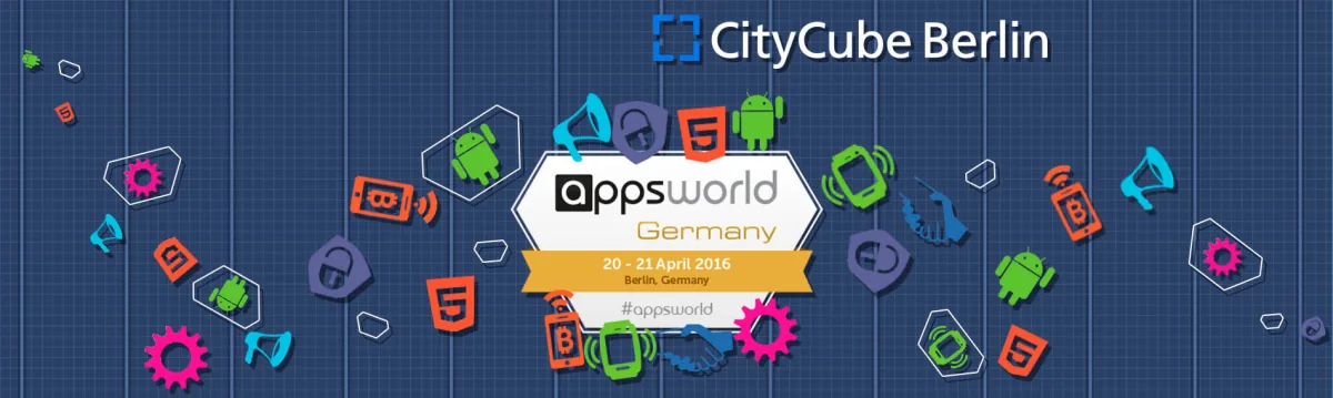Apps World Germany banner, 20–21 April 2016, Berlin, with the CityCube Berlin logo and app icons on a blueprint background
