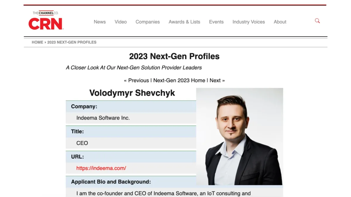 CRN 2023 Next-Gen Profiles page listing Volodymyr Shevchyk, CEO of Indeema Software Inc., with his portrait
