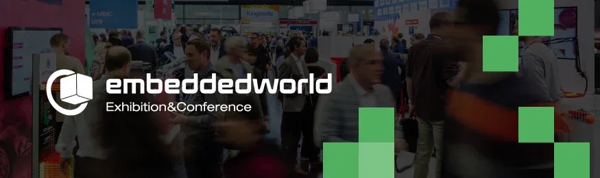 embedded world Exhibition & Conference logo over a blurred, crowded exhibition hall with green square accents