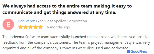 GoodFirms review from Spellex Corporation's Exec VP with five stars, praising the Indeema Software team's communication