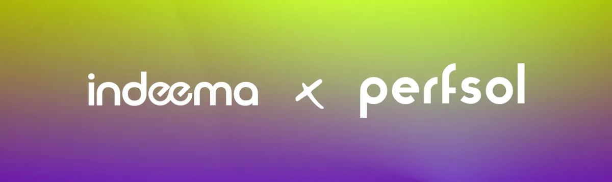Indeema and Perfsol logos side by side on a green-to-purple gradient background