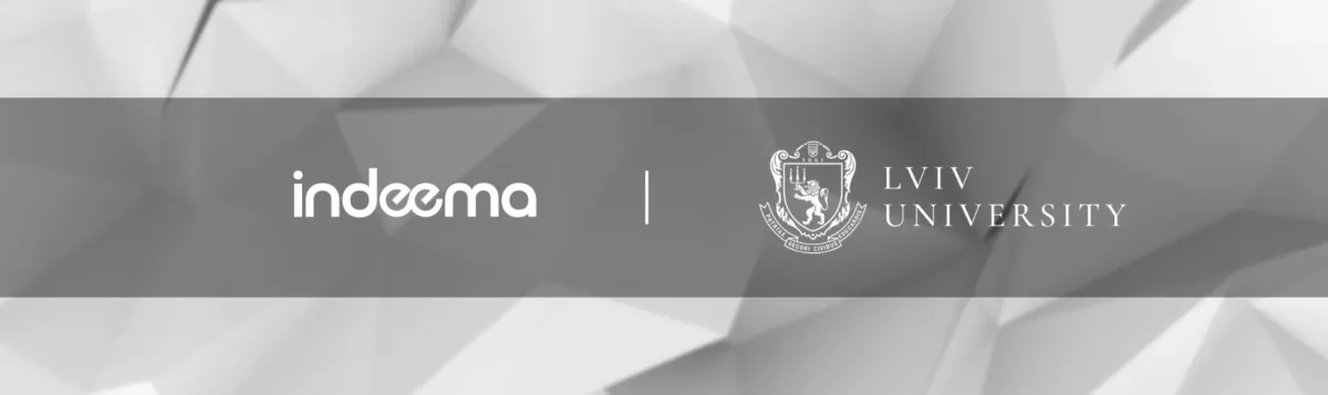 Indeema and Lviv University logos side by side on a grey geometric background