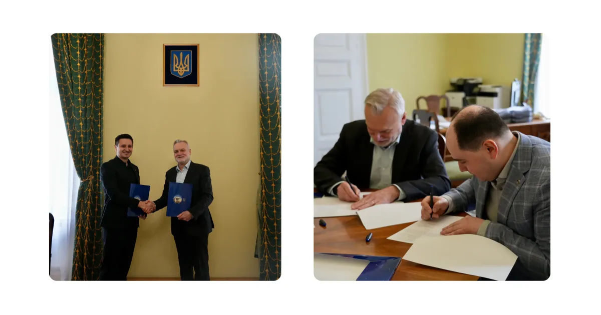 Two men shaking hands holding blue folders beneath a Ukrainian coat of arms, and two men signing documents at a desk