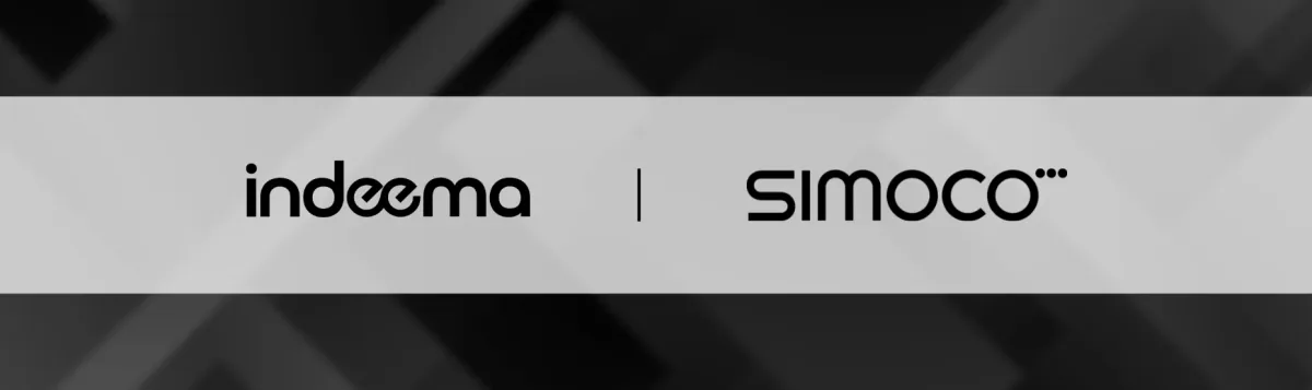 Indeema and Simoco logos side by side on a light band over a dark geometric background