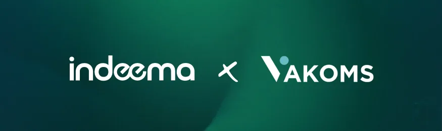Indeema and Vakoms logos side by side on a dark green gradient background