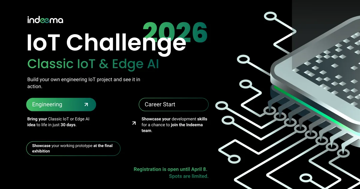 Indeema IoT Challenge 2026 poster: Classic IoT & Edge AI, Engineering and Career Start tracks, registration open until April 8