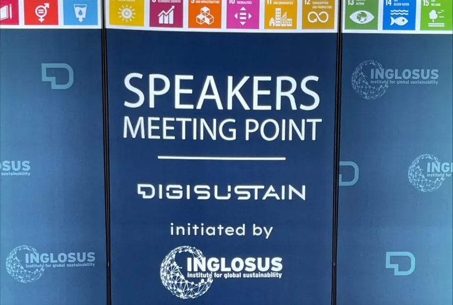 DIGISUSTAIN Speakers Meeting Point sign initiated by INGLOSUS, below UN Sustainable Development Goal icons