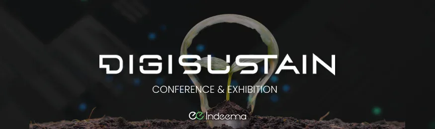 DIGISUSTAIN Conference & Exhibition title with the Indeema logo over a light bulb with a seedling growing in soil
