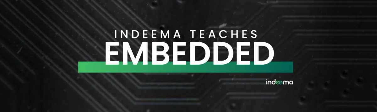 Indeema Teaches Embedded banner with the Indeema logo over a dark circuit-board texture