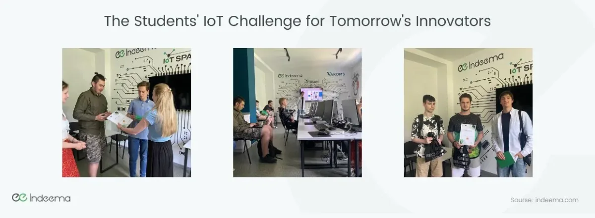 Collage titled The Students' IoT Challenge for Tomorrow's Innovators: certificate handover, a presentation and three students