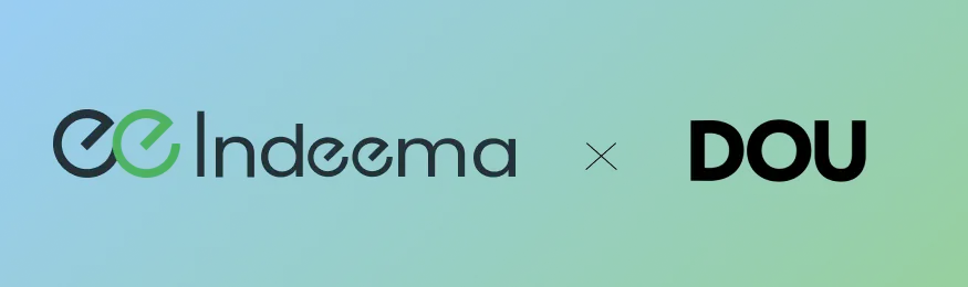 Indeema and DOU logos side by side on a blue-green gradient background