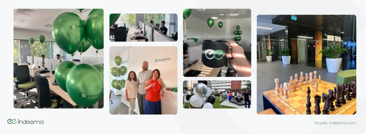 Collage of the new office opening: green Indeema balloons, open-plan desks, a team photo, a branded mug, a garden party and chess