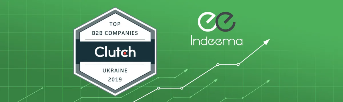Clutch Top B2B Companies Ukraine 2019 badge beside the Indeema logo over a rising green line chart