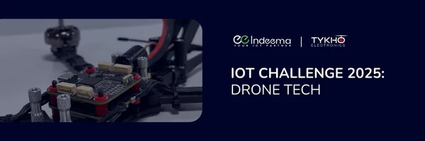 Indeema Software and Tykho Electronics logos with the title IoT Challenge 2025: Drone Tech beside a close-up of a drone flight controller