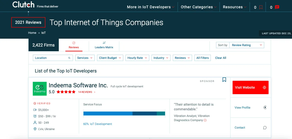 Clutch Top Internet of Things Companies listing showing Indeema Software Inc. with a 5.0 rating from 14 reviews