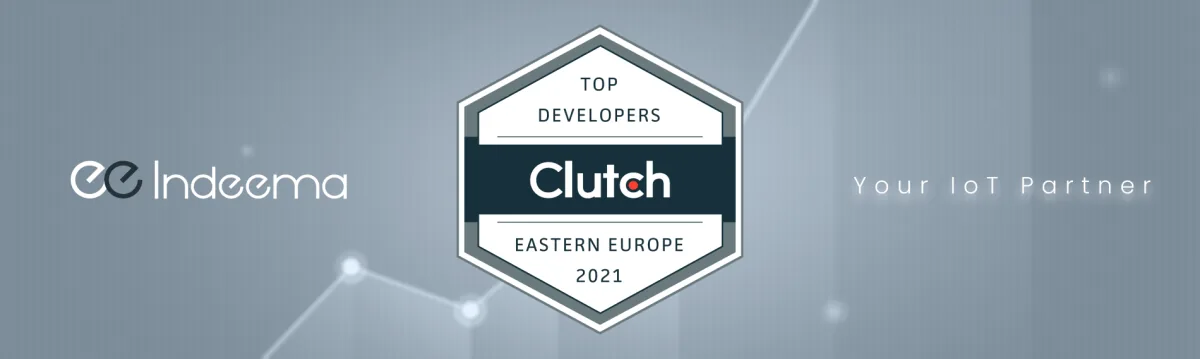 Clutch Top Developers Eastern Europe 2021 badge between the Indeema logo and the tagline Your IoT Partner