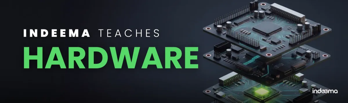 Indeema Teaches Hardware banner beside a 3D render of stacked printed circuit boards