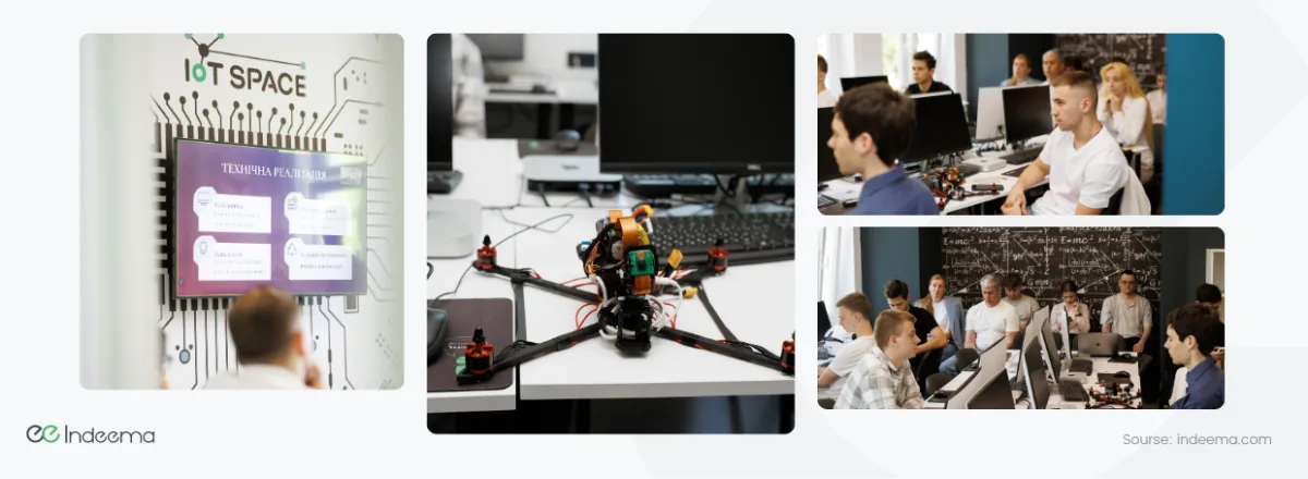 Collage: a technical-implementation slide in IoT Space, a drone frame on a desk, and students at workstations during the challenge