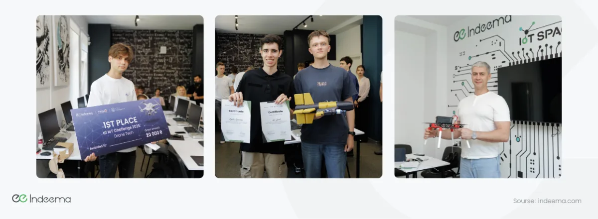Collage: a student with the 1st Place IoT Challenge 2025: Drone Tech board, two students with certificates and a drone, a man holding a drone